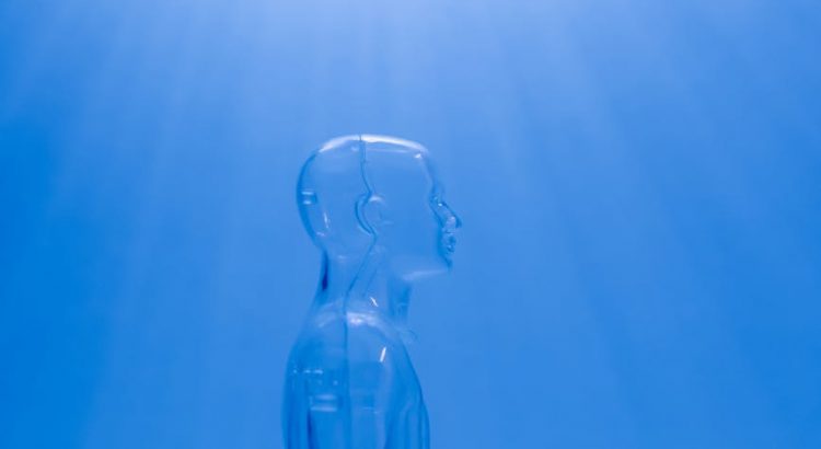 clear mannequin on blue background
