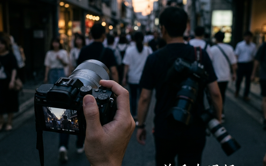 Photographer holding a camera among a busy street crowd; text reads: 单反在退场，而摄影，不会消失。