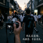 Photographer holding a camera among a busy street crowd; text reads: 单反在退场，而摄影，不会消失。
