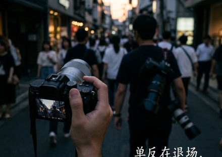 Photographer holding a camera among a busy street crowd; text reads: 单反在退场，而摄影，不会消失。