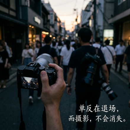Photographer holding a camera among a busy street crowd; text reads: 单反在退场，而摄影，不会消失。
