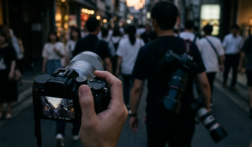 Photographer holding a camera among a busy street crowd; text reads: 单反在退场，而摄影，不会消失。
